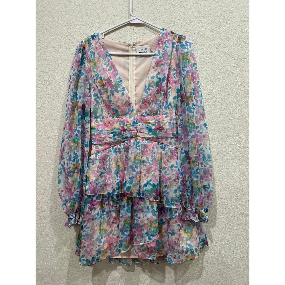Hello Molly Luxury 100% Silk Crepe Watercolor Floral Plunging Mini Dress Size 4